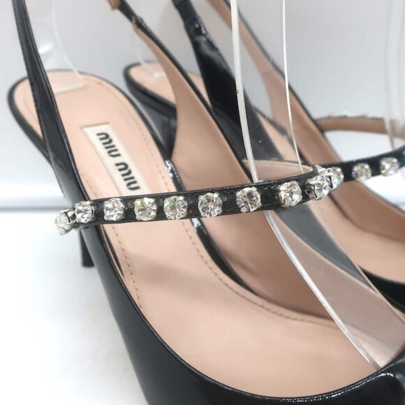 Miu Miu Crystal-Strap Pumps Black Patent Leather Size 37.5 Pointed Toe Heels - Picture 2 of 13